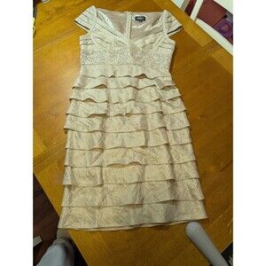 Adrianna Papell 10 Metallic Champagne Tiered Ruffle Sheath Dress Glam Hollywood